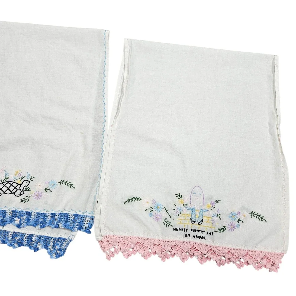 Embroidered Cotton Hand Towels Set of 2 Turtle Humpty Dumpty Pink Blue Lace Trim